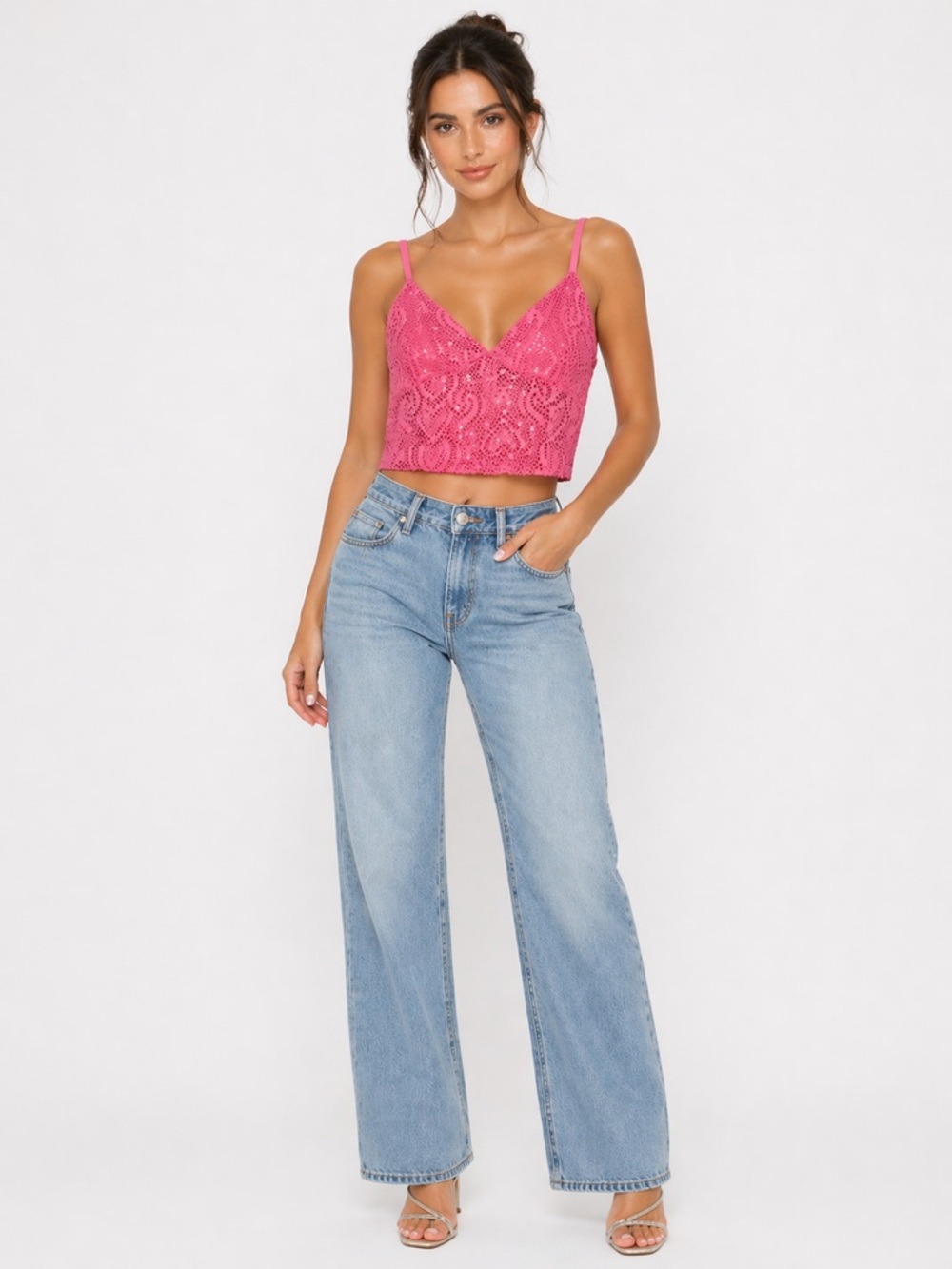 Hot Pink Crochet Lace Cami Crop Top Spaghetti Strap Size XL